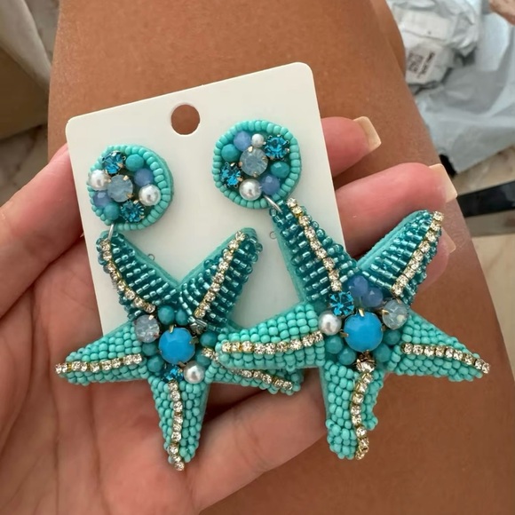 Bohemian Blue Starfish Beaded Drop Earrings - Picture 2 of 2